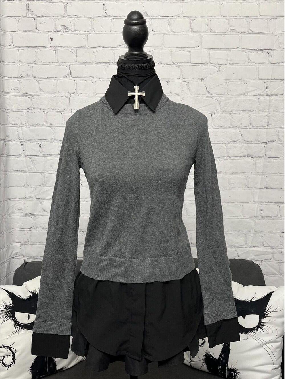 Le Chateau Grey Sweater With Built In Black Blouse Collar And Hem Sz XXS